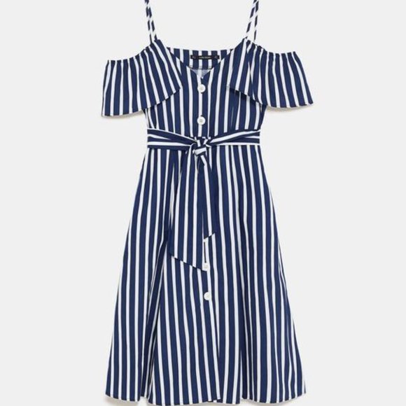 ZARA Cold Shoulder Nautical Navy Blue White Stripe Cotton Midi Dress - Picture 7 of 13